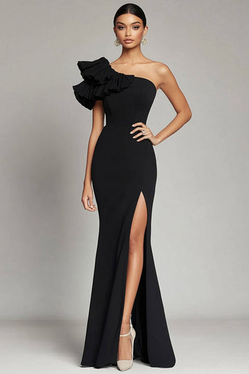 Robe de gala noire à volants sirène en satin avec fente